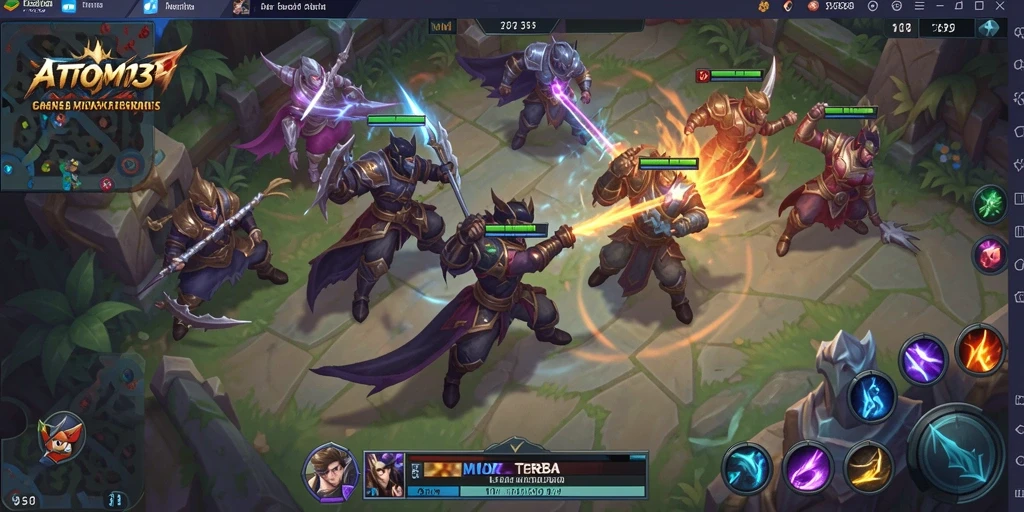 Tampak seru gameplay ATOM138 dengan pertarungan strategis dan hero beragam.