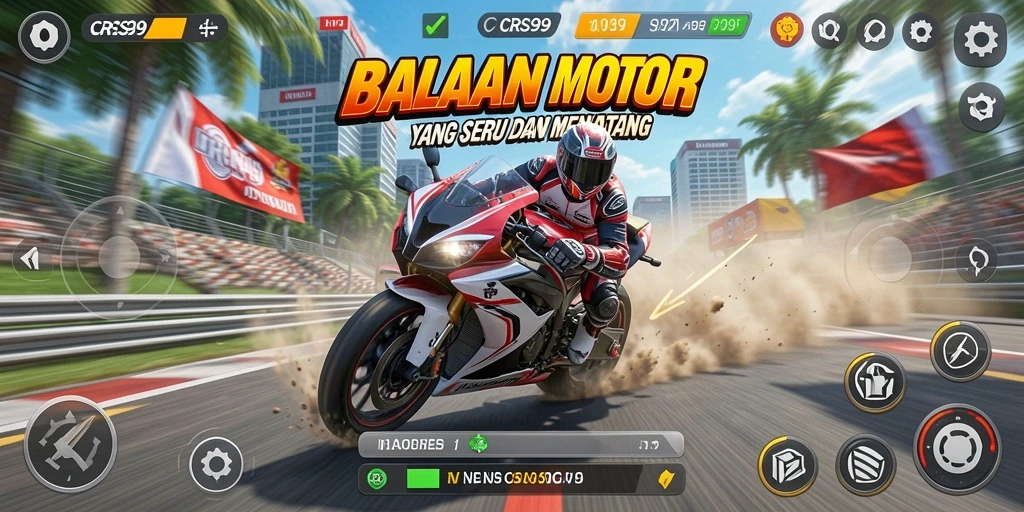 Tampilan seru balapan motor dalam CRS99 dengan efek grafis menarik.